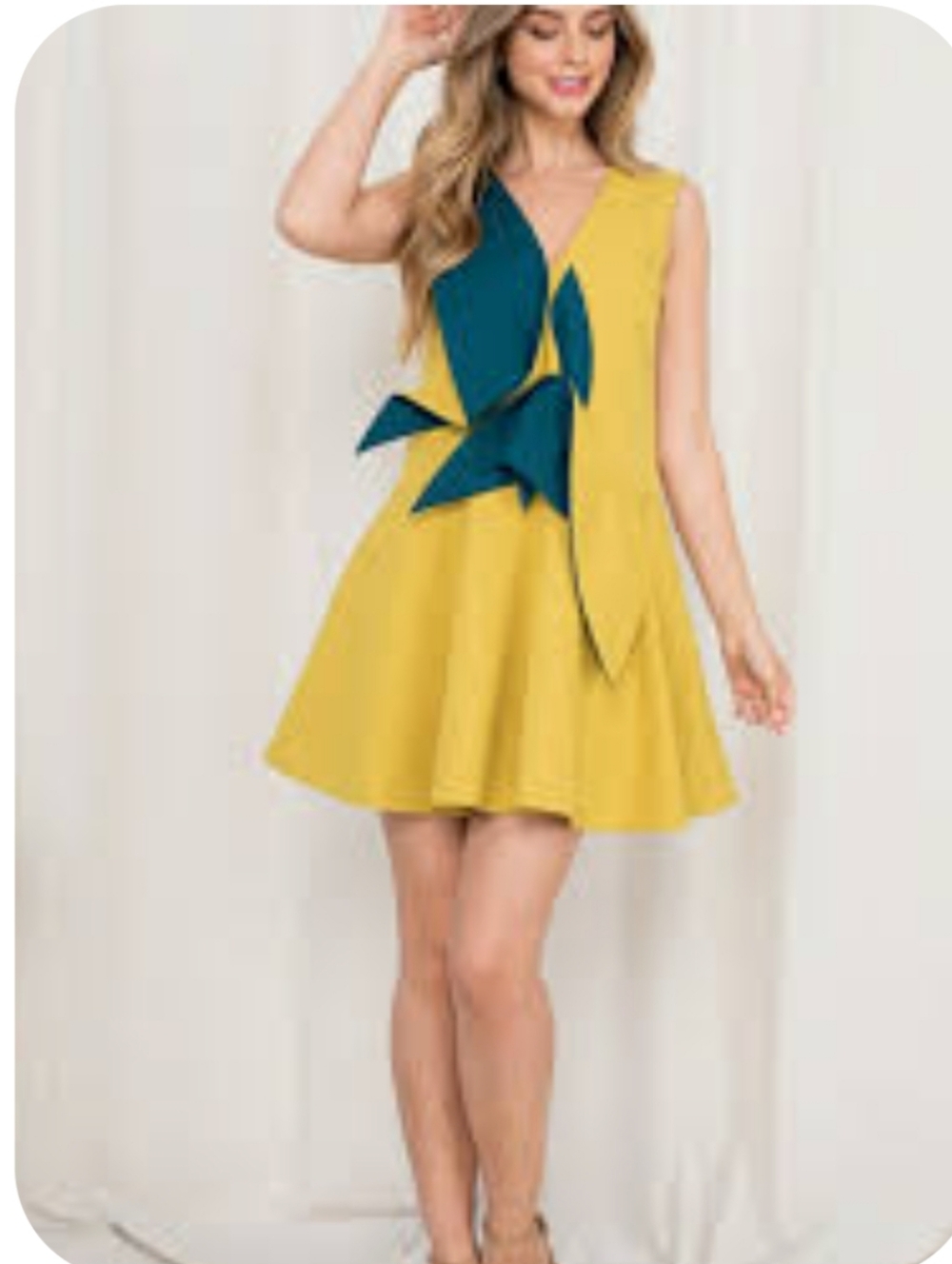 INA Gold Sleeveless Fit-and-Flare Dress with Dark Teal Bow